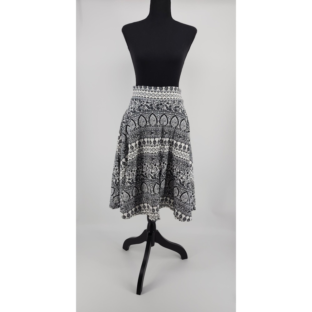 Agnes & Dora Black White Damask Paisley Print A-Line Midi Skirt with Pockets SM